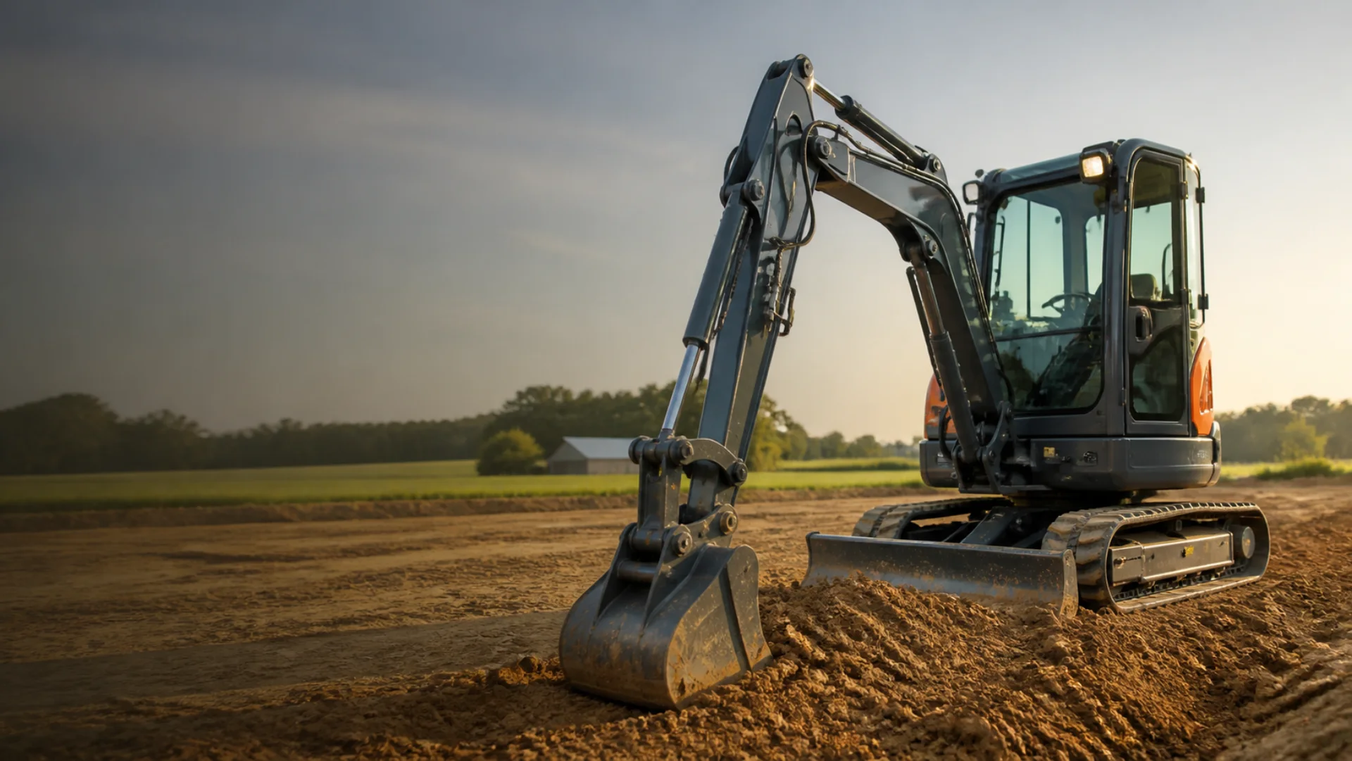 Compact excavator grading a rural William Tractor jobsite